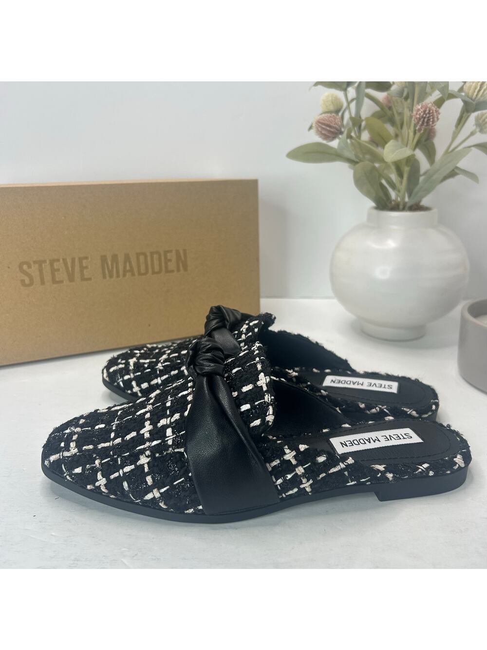 Steve Madden Chart Tweed Textile/Leather Mule Black/White Women 6.5M NWB